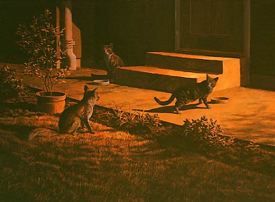 Original oil painting, Urban red fox and domestic cats 