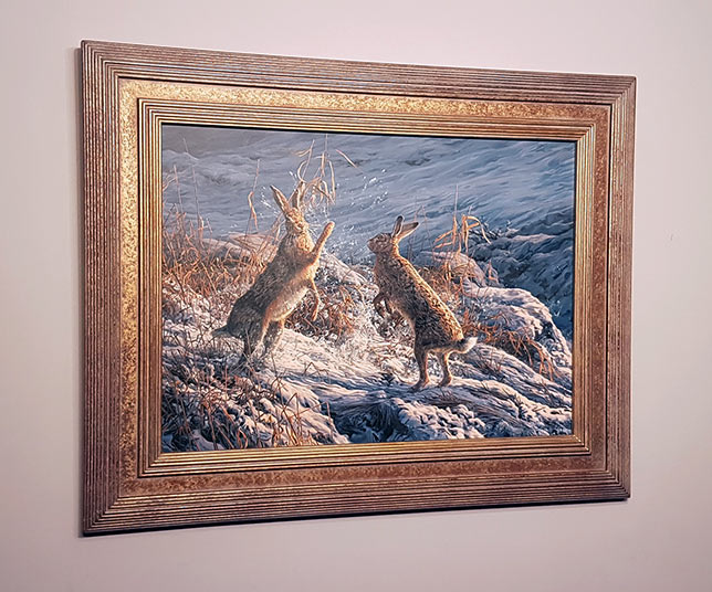 Whistler framed original oil painting of boxing hares in snow