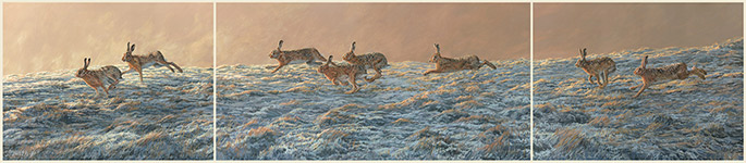 original oil painting - chasing brown hares triptych