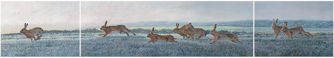 Oil painting by Martin Ridley - Norfolk - chasing brown hares triptych for sale