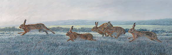 Oil painting capturing the movement of running hares painted on three panels