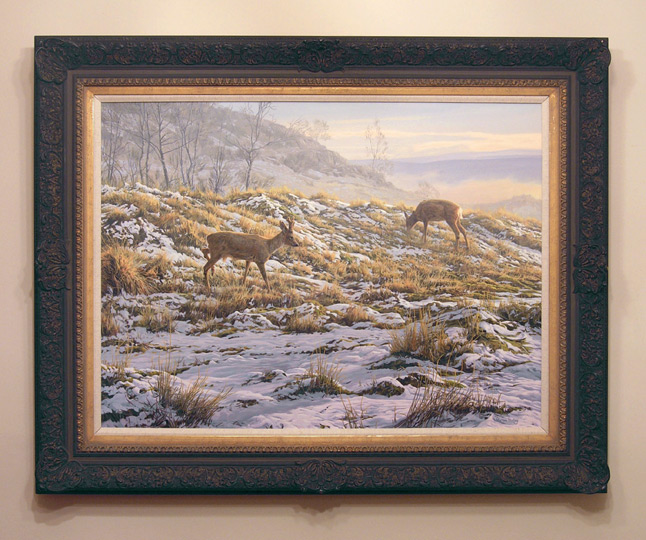 Ready framed original oil painting of roe deer in snow