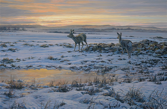 thawing snow - roe deer oil painting