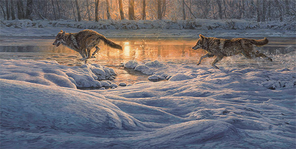 Running wolves chasing across snow. Oil painting for sale