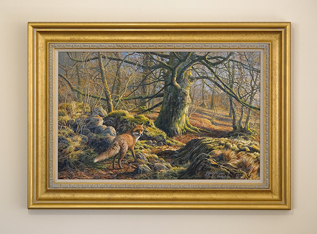 Framed original oil painting of  a red fox in a woodland